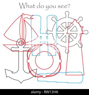 Trova gli oggetti nascosti sulle immagini, tema marino, scadente, set di contorno, divertente gioco di educazione per i bambini in età prescolare, attività per i bambini, vettore Illustrazione Vettoriale