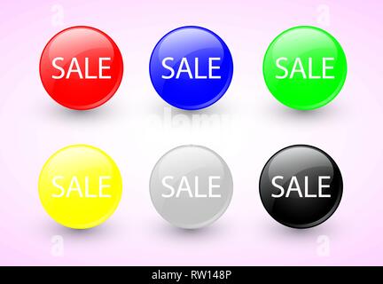 Imposta di vendita lucido pulsanti o badge. Prodotti in promozione Vettore. Illustrazione Vettoriale