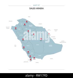 Arabia Saudita mappa vettoriale. Modello modificabile con le regioni, le città, i pin di colore rosso e blu superficie su sfondo bianco. Illustrazione Vettoriale