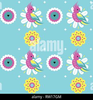 Vettore luminoso seamless pattern con cute parrot esotiche e fiori tropicali Illustrazione Vettoriale