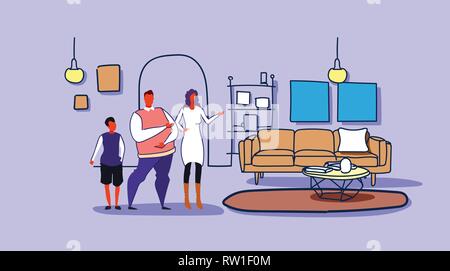 La famiglia felice tra marito e moglie e figlio insieme permanente di soggiorno moderno interior donna mostra canto nuovo appartamento casa schizzo doodle pieno orizzontale Illustrazione Vettoriale