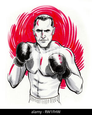 Il pugilato atleta. China e acquarello illustrazione Foto Stock