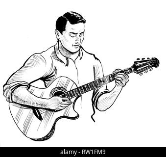 Chitarra acustica. Inchiostro bianco e nero doble disegno in legno taglio  con iscrizione Foto stock - Alamy