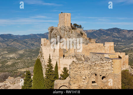 Antica torre di castello e campi di oliva in Jaen. Spagna Foto Stock