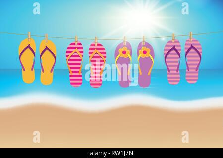 Colorato flip flop appendere su una corda sulla spiaggia vacanze estive illustrazione vettoriale EPS10 Illustrazione Vettoriale