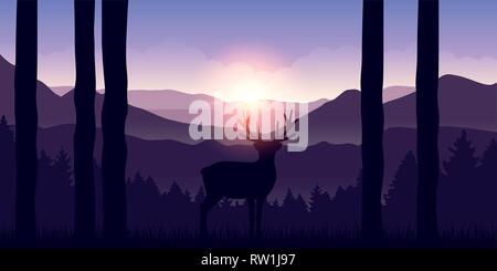 Lonely elk nelle montagne paesaggio viola a sunrise illustrazione vettoriale EPS10 Illustrazione Vettoriale