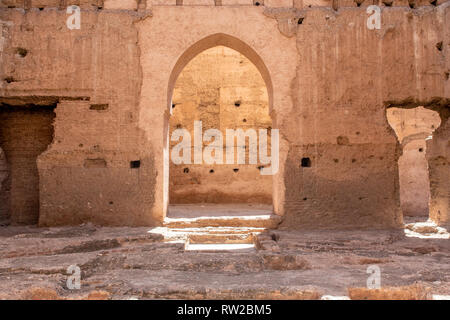 Rovine di spazio vivente di Palazzo El Badi, ' l'Incomparabile Palace", Marrekech, Marocco Foto Stock