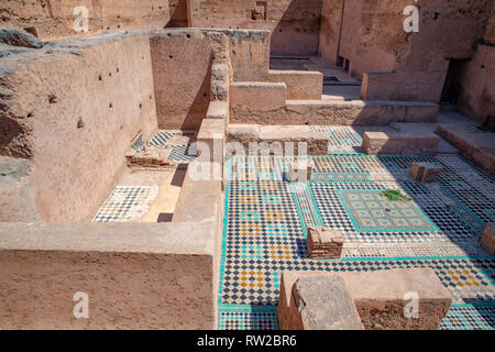 Rovine di spazio vivente di Palazzo El Badi, ' l'Incomparabile Palace", Marrekech, Marocco Foto Stock