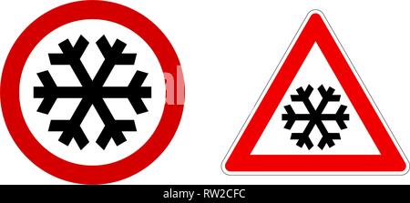 Attenzione a neve / freddo / inverno segno. Nero il simbolo del fiocco di neve in un cerchio rosso e un triangolo. Illustrazione Vettoriale