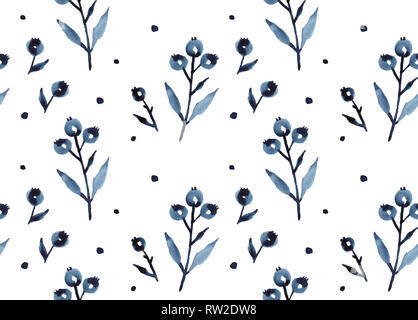 Bacche blu pianta foglie acquerello illustrazione botanica, disegnati a mano modello senza giunture scandinavi in stile nordico per la stampa decorativa o pos Foto Stock