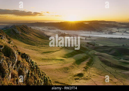 Foggy inverno sunrise in Te Mata picco, Nuova Zelanda. Giallo scena di mattina nella valle di montagna. La bellezza della natura acquisiti su una mattinata nebbiosa. Foto Stock