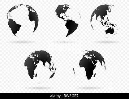 Set di terra icona a forma di globo in diverse viste. Altamente dettagliate immagini dei continenti con parti trasparenti. Illustrazione Vettoriale Illustrazione Vettoriale