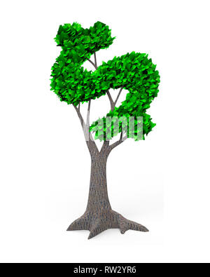 Concetto di sviluppo circolare verde economia e fornendo verde tecnologia amichevole, albero con foglie verdi in dollar sign forma, isolato su bianco b Foto Stock