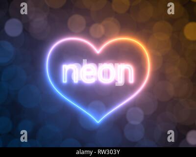 Neon incandescente cuore con sfocato sfondo bokeh di fondo. 3d illustrazione Foto Stock