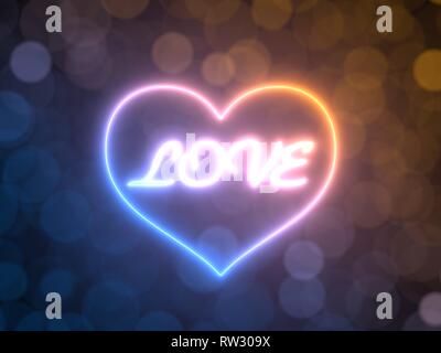 Neon incandescente cuore con sfocato sfondo bokeh di fondo. 3d illustrazione Foto Stock