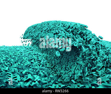 Grande concetto di dati. Enormi quantità di verde lettere e numeri in forma di onde, isolato su sfondo bianco. 3D'illustrazione. Foto Stock