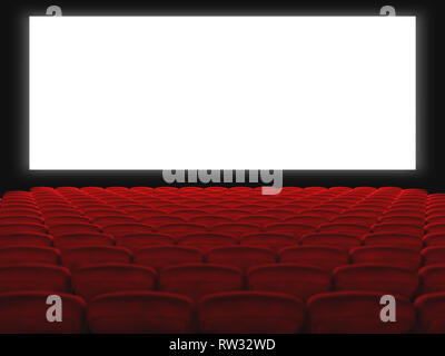 Sala cinema con sedi di rosso e bianco per schermo. 3D render Foto Stock