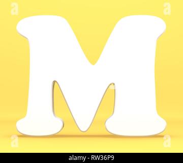Il rendering 3d'illustrazione. Libro bianco lettera alfabeto carattere font M. Vista anteriore del simbolo di capitale su uno sfondo blu. Foto Stock