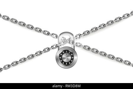 Argento lucido metallo catene incrociate con codice rotonda lucchetto bianco su sfondo largo Illustrazione Vettoriale