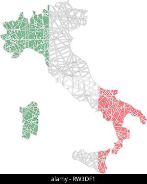 Italia mappa stilizzata sagomato sulla trama aggrovigliati bandiera nazionale Illustrazione Vettoriale