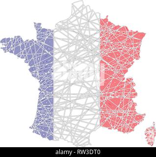 Francia mappa stilizzata sagomato sulla trama aggrovigliati bandiera nazionale Illustrazione Vettoriale