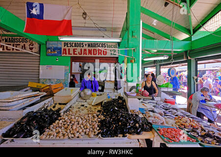 SAN ANTONIO, Cile, 14 aprile 2018: pesce e frutti di mare freschi al mercato del pesce, San Antonio, il Cile il 14 aprile 2018 Foto Stock