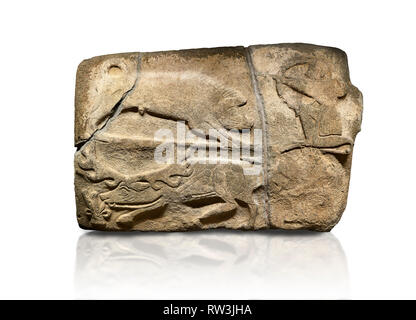 Alaca Hoyuk Hittita Rilievo monumentale scolpita in pietra orthostat pannello di un caccia. Civiltà Anatoliche museo. Ankara. La Turchia. Una figura inginocchiata su Foto Stock