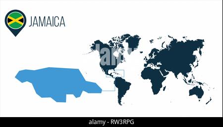 Giamaica mappa situato su una mappa del mondo con la bandiera e il puntatore mappa o il PIN. Una infografica mappa. Illustrazione di vettore isolato su bianco Illustrazione Vettoriale