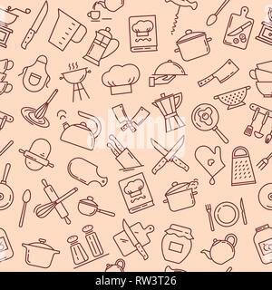 Il seamless pattern sul tema della cucina con una varietà di articoli per la cucina. Sfondo per il menu design, articoli per la cucina e l'altro. Illustrazione Vettoriale