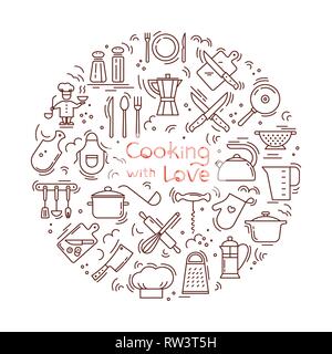 Cucinare con amore sfondo circolare da icone sul tema della cucina e la cottura con caratteri. Sfondo per la decorazione dei menu di Illustrazione Vettoriale