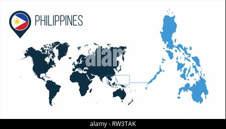 Filippine mappa situato su una mappa del mondo con la bandiera e il puntatore mappa o il PIN. Una infografica mappa. Illustrazione di vettore isolato su bianco . Illustrazione Vettoriale