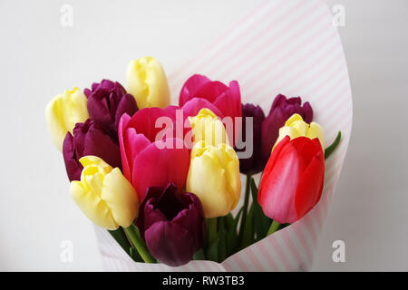 Bright bouquet di tulipani di diversi colori su uno sfondo bianco. Foto Stock