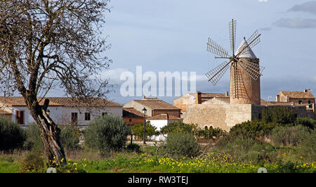 Algadia, Mallorca, Spagna, 17 dicembre 2018 un vecchio mulino a vento nella città Foto Stock