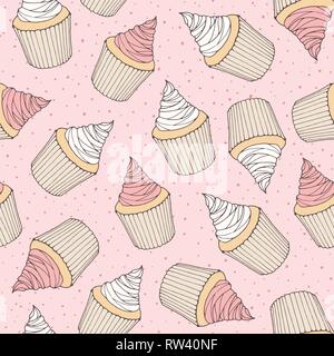 Disegnata a mano vector seamless pattern con tortine e muffin con crema rosa topping. Dolce pasticceria a sfondo tratteggiato. Illustrazione Vettoriale