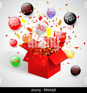 Offerta speciale sconto vendita con il simbolo rosso aperto dono e etichette di flusso. Facile da usare per il vostro design. Illustrazione Vettoriale