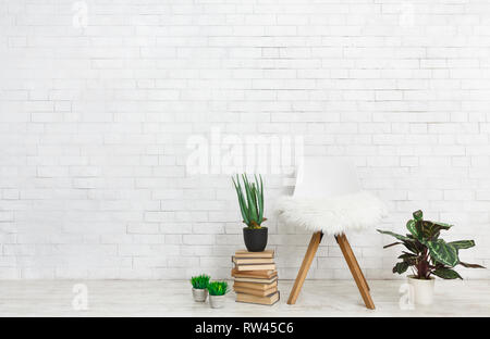 Piante da interni e sedia su sfondo bianco, spazio di copia Foto Stock