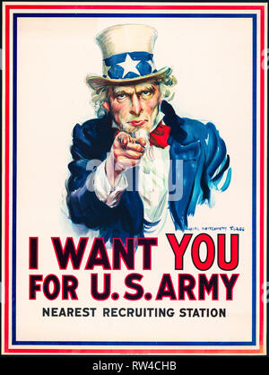 Voglio che per gli Stati Uniti Esercito, lo zio Sam, US Army Guerra Mondiale 1 poster di reclutamento, 1917 Foto Stock