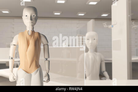 Autonoma femminile di intelligenza artificiale robot sulla sedia in ufficio 3d-illustrazione Foto Stock