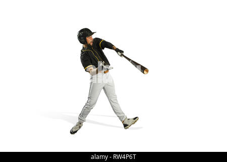 Il fit uomo caucasico giocatore di baseball giocando in studio. silhouette isolati su sfondo bianco Foto Stock