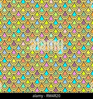 Multicolor squame di pesce seamless pattern, ornamento grafico, ornamento zoomorfi, rainbow illustrazione, sfondo vettoriale. Colorato brillante rotondo scale Illustrazione Vettoriale
