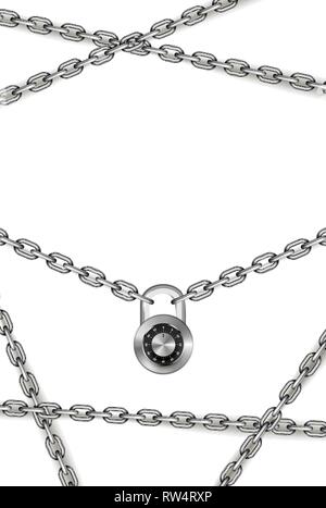 Un sacco di argento lucido catene metalliche rotonde con lucchetto di codice su bianco, sfondo verticale Illustrazione Vettoriale
