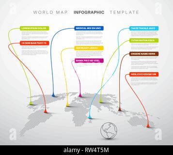 Mappa mondo infografico: Luce mappa del mondo con i marchi del puntatore - concetto di comunicazione Illustrazione Vettoriale