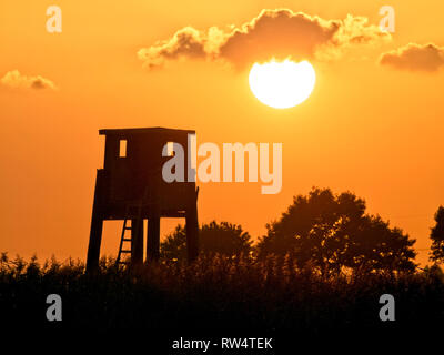 Tramonto dietro a nascondere nel Elbmarsch vicino Barum, Germania. Foto Stock