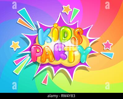 Kids party banner su rainbow swirl sfondo a spirale in stile cartoon. Posto per il gioco e il divertimento, bambini Sala giochi per la festa di compleanno. Poster per i bambini" Illustrazione Vettoriale