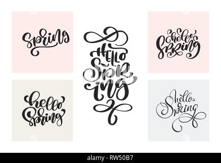Set di primavera Calligraphy lettering frasi manoscritte. Vettore disegnati a mano isolato testo scandinavo. Carino vintage design per il biglietto di auguri, scrapboo Illustrazione Vettoriale