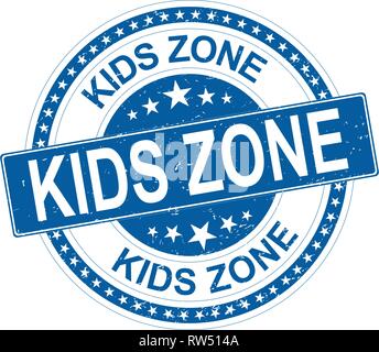 Kids Zone blu round grungy timbro di gomma con le stelle Illustrazione Vettoriale