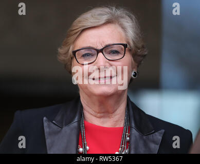 Ex Tanaiste Frances Fitzgerald arriva in occasione di una conferenza stampa dove si è svelata come in esecuzione per il Fine Gael alle elezioni europee a Dublino dal Taoiseach Leo Varadkar. Foto Stock