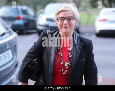 Ex Tanaiste Frances Fitzgerald arriva in occasione di una conferenza stampa dove si è svelata come in esecuzione per il Fine Gael alle elezioni europee a Dublino dal Taoiseach Leo Varadkar. Foto Stock