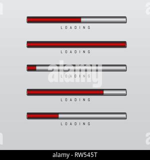 Barra di avanzamento e il caricamento di colore rosso su sfondo grigio chiaro vettore. Illustrazione Vettoriale