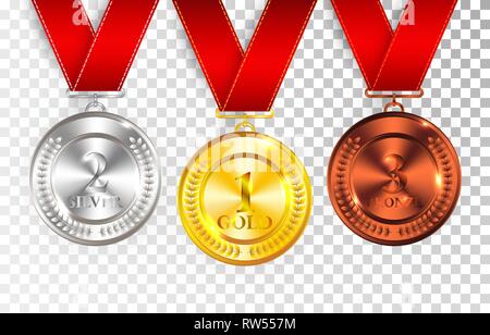 Set di gold, silver e bronze award medaglie con nastri di colore rosso. Medaglia Tondo Lucidato vuota vettore collezione isolato su sfondo trasparente. Premio Illustrazione Vettoriale